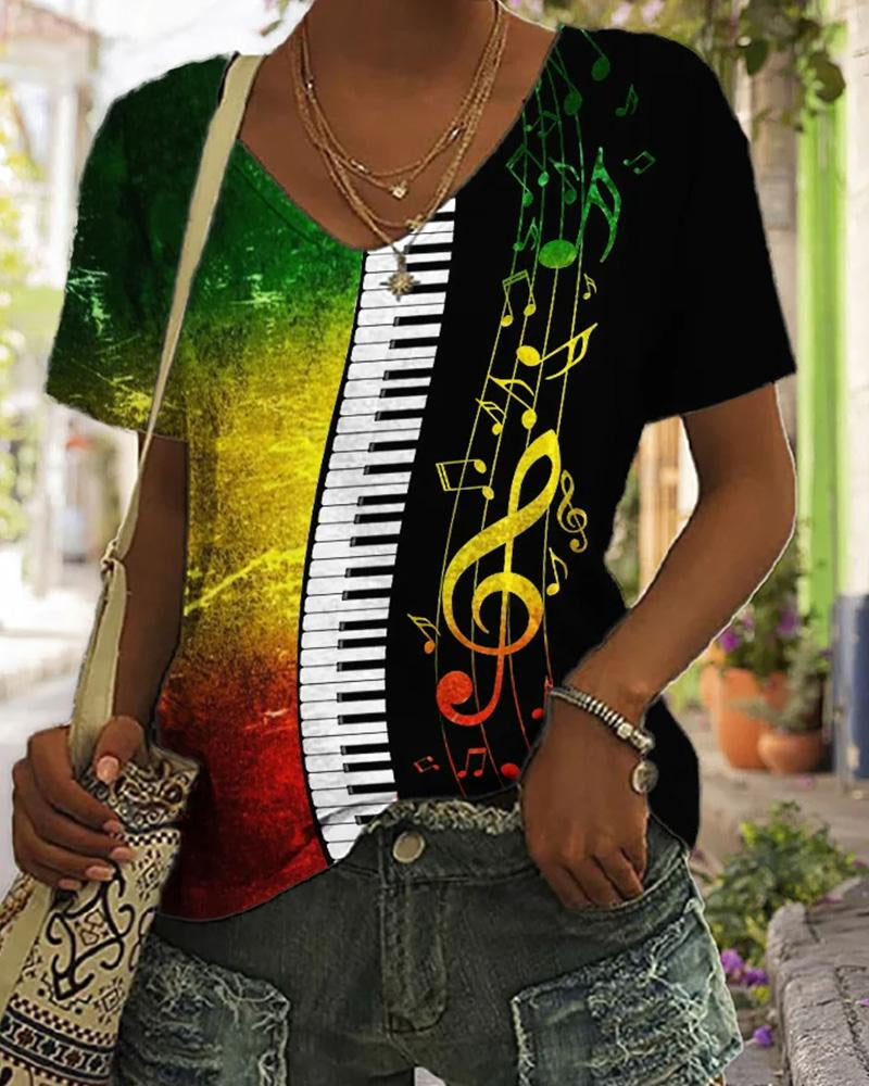 Casual Gradient Piano Key Notes Print V-Neck Short Sleeve T-Shirt