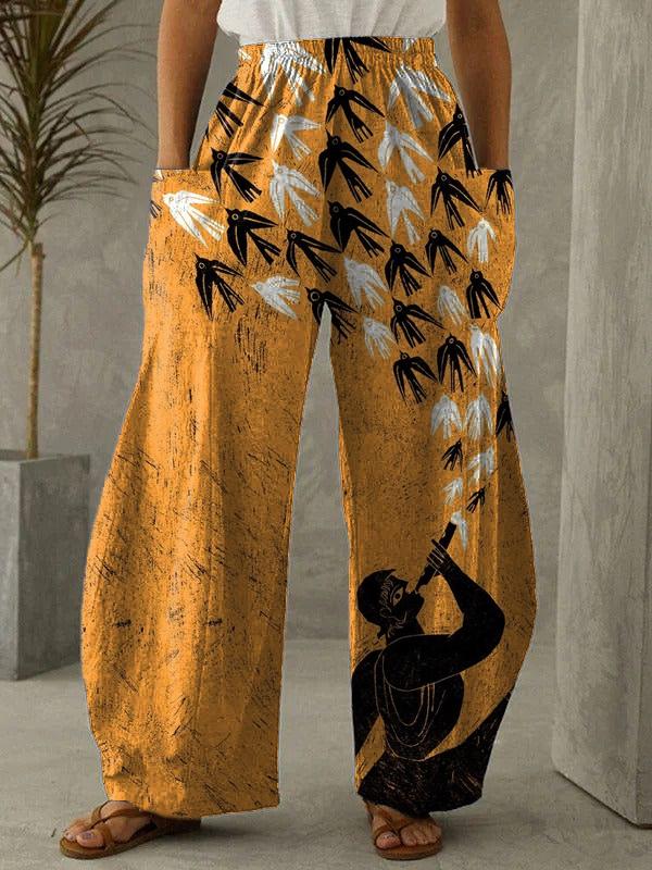 Artistic black ethnic style fashion printed casual trousers