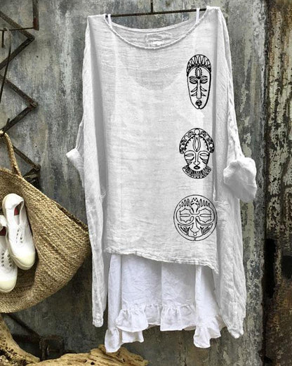 African Tribal Face Print Linen Blend Flowy Tunic