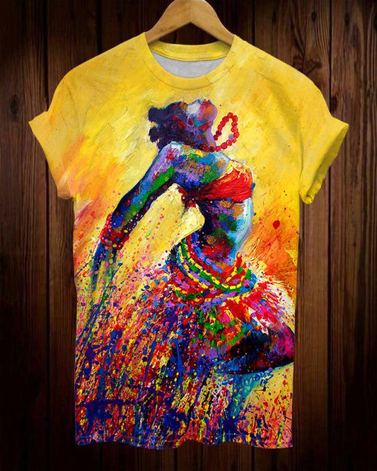 Black Tribal Dancing Girl Oil Painting Short Sleeve Tshirt