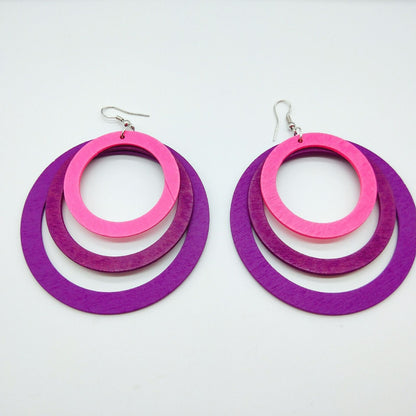 Exaggerated geometric circular wooden earrings