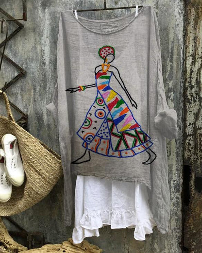 Retro Skirt African Girl Linen Blend Flowy Tunic