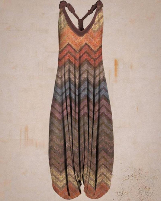 Casual striped ethnic print loose jumpsuit