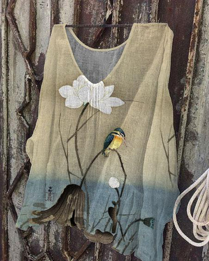 Ukiyo Ohara Koson Kingfisher by Flower Linen Tunic Shirt