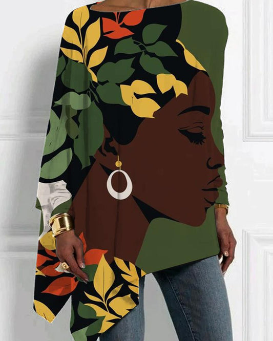 Black Ethnic Girls Leaf Print Irregular Ladies Top