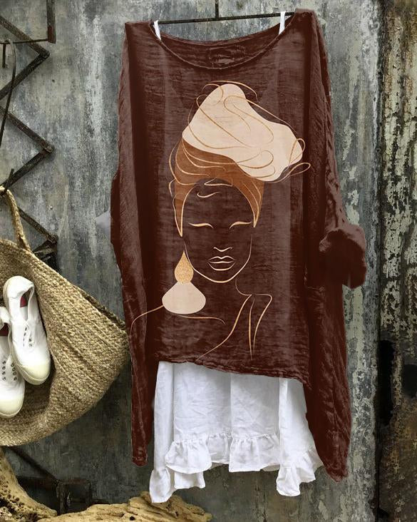 Simple Black Woman Illustration Linen Blend Flowy Tunic