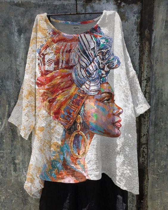 Turban African Girl Oil Painting Linen Tunic Shirt