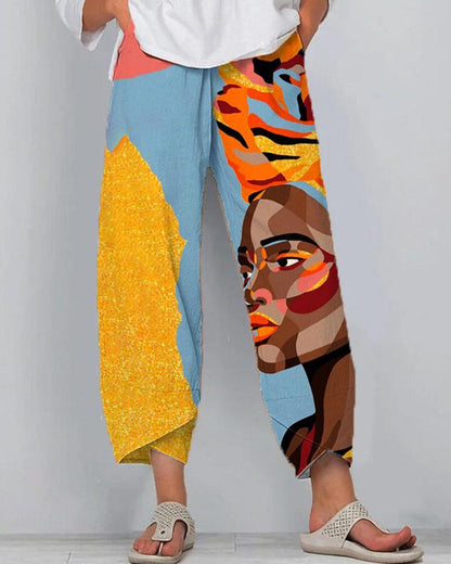 Black girls color contrast print casual trousers