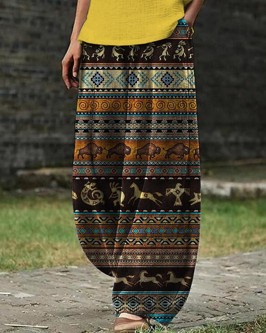 African Animal Tribal Print Linen Blend Casual Pants