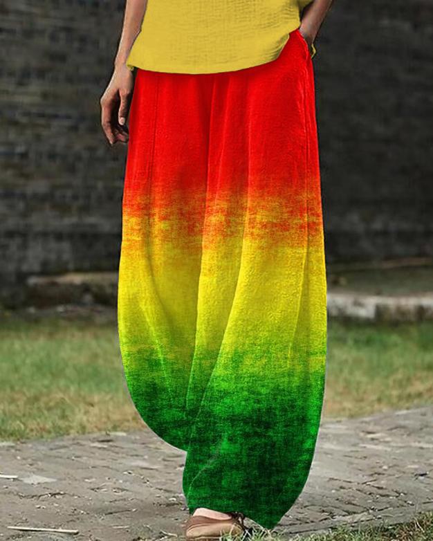 Reggae Gradient Contrast Color Linen Blend Casual Pants