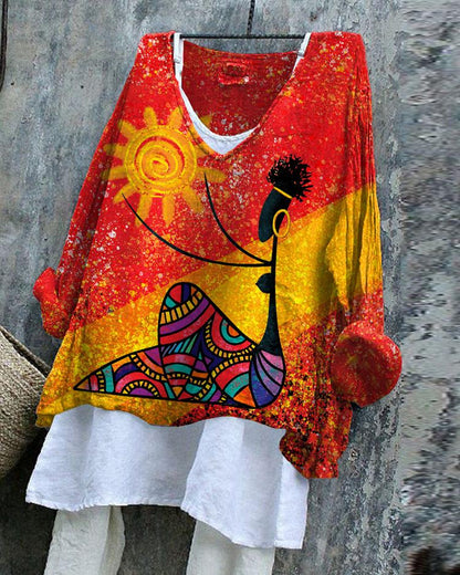 Retro Contrasting Sun African Girl Line Blend Flowy Tunic