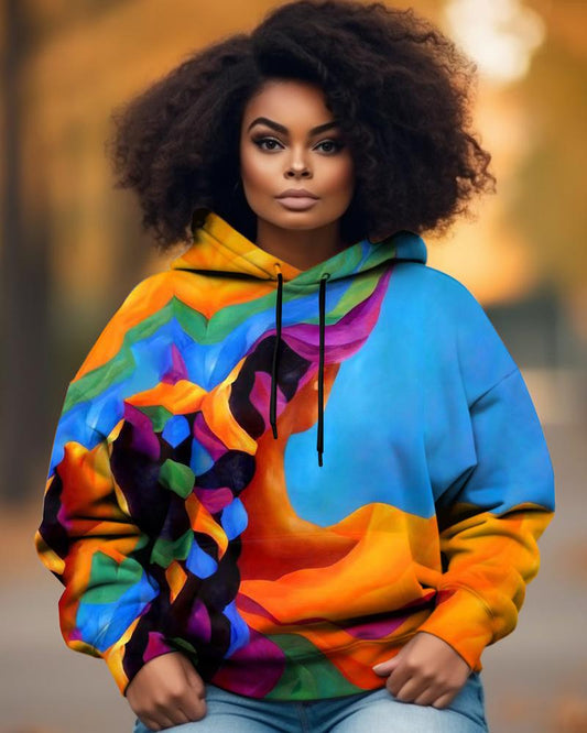 Color Blocking Black Girl Hair Print Hoodie