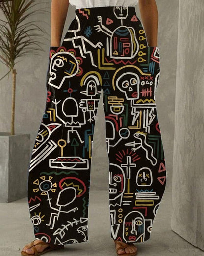 Artistic personality graffiti color contrast printing casual pocket trousers