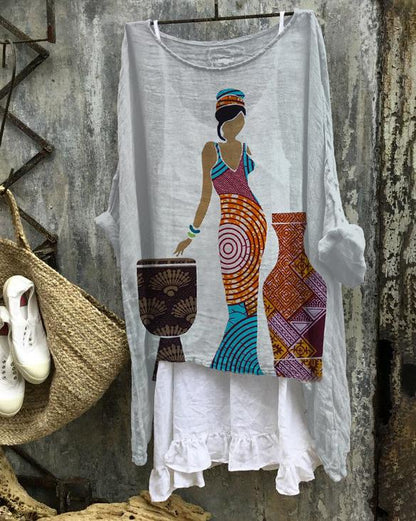 Music Dance African Girl Linen Blend Flowy Tunic