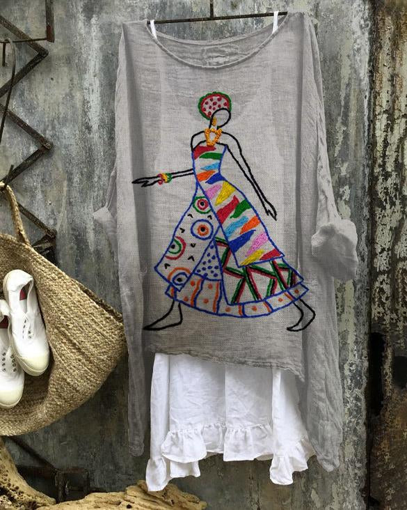 Retro Skirt African Girl Linen Blend Flowy Tunic