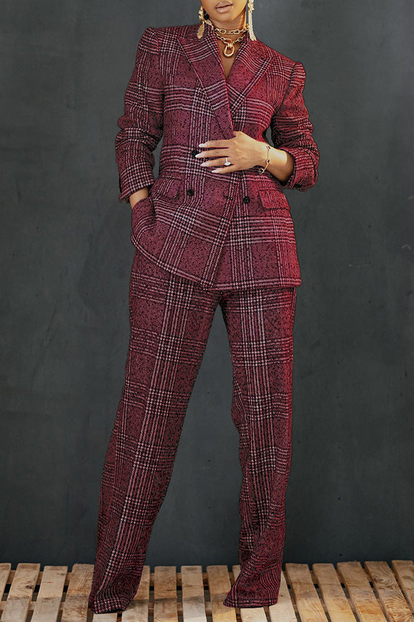 Fashion Plaid Double Breasted Blazer & Pants Set