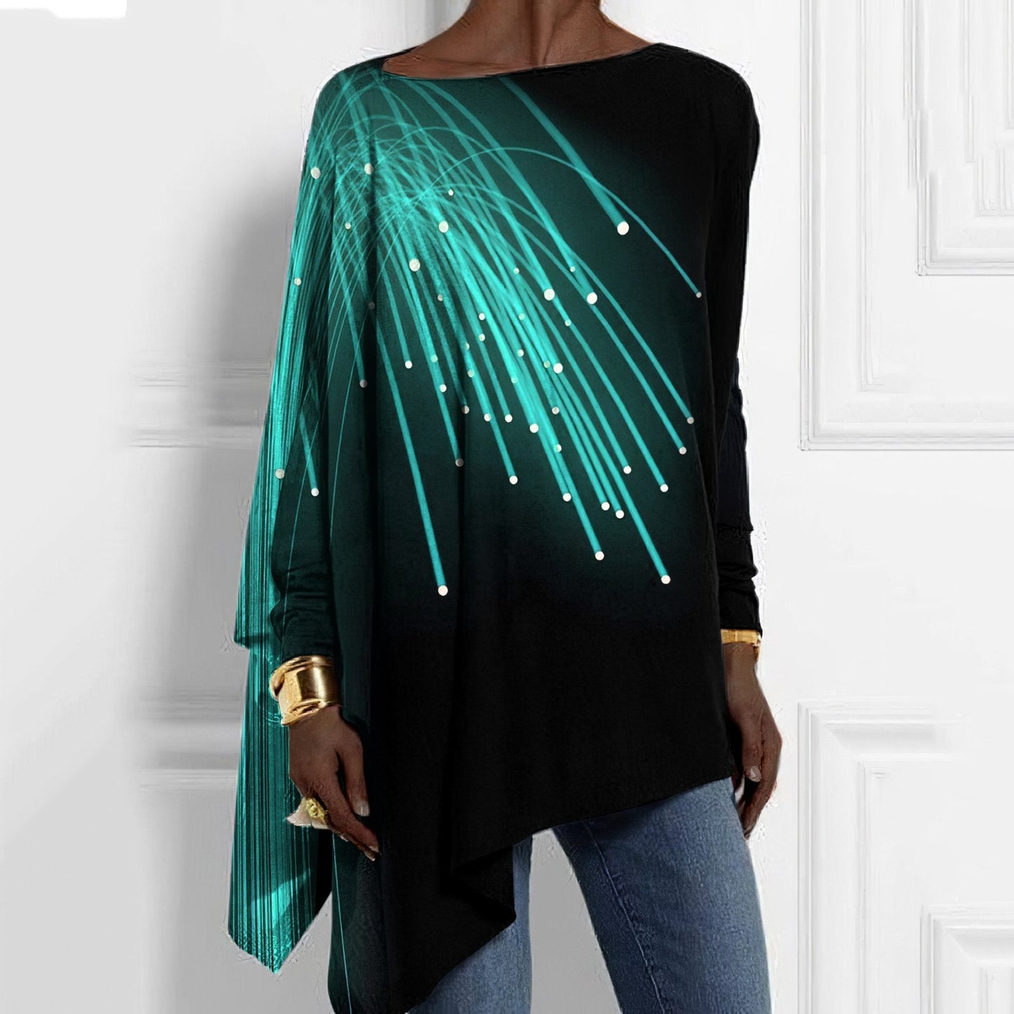 Fluorescent Colored Lines Long Sleeve Loose Hem Top