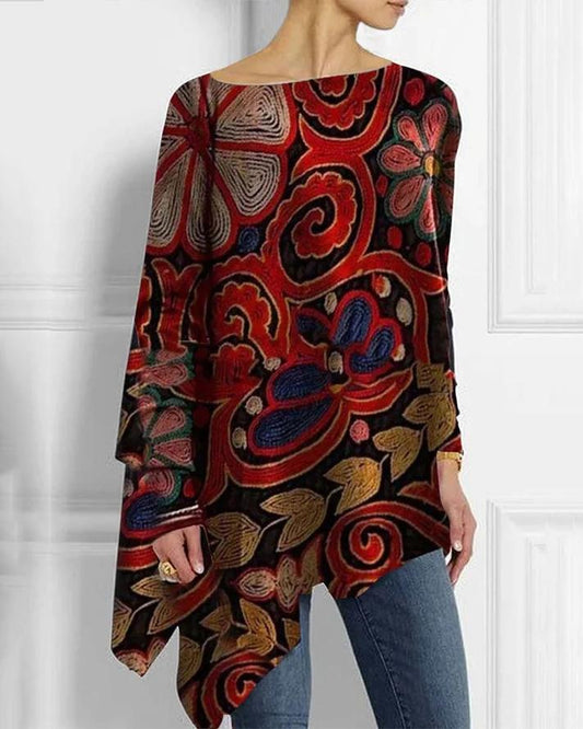 Tribal Geometric Print Long Sleeve Loose Hem Top